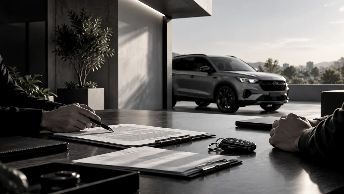 Mãos assinando um documento sobre a mesa, com a chave do carro ao lado e o veículo ao fundo.